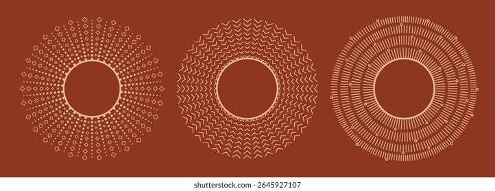 Linear gold bohemian sun, sunburst, sunbeam, firework, explosion vector shapes. Modern abstract ornamental thin line rays frames.