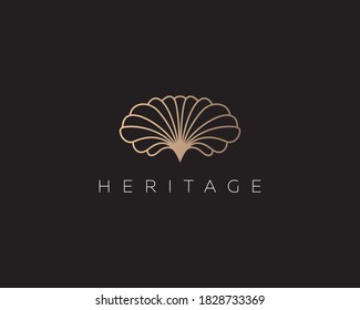 Linear Gold Gradient Flower Shell Logo Design. Premium Seafood Spa Beach Hotel Vector Logotype Sign Minimal Style Illustration.