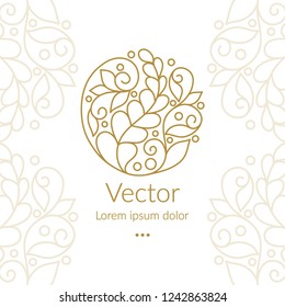 Linear gold leaf emblem. Elegant, classic vector. Can be used for jewelry, beauty and fashion industry. Great for logo, monogram, invitation, flyer, menu, brochure, background, or any desired idea.
