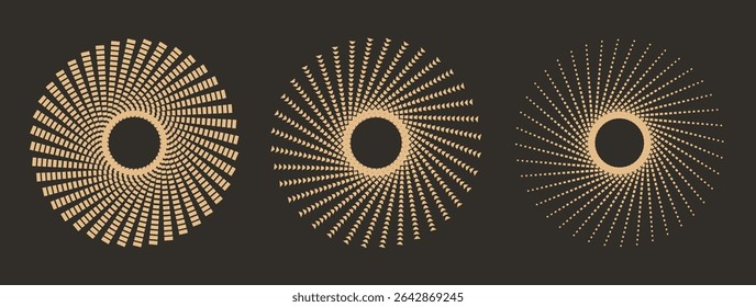 Linear gold spiral star, sun, sunburst, sunbeam, firework. Trendy retro vector sparkle swirl frames, round shapes.