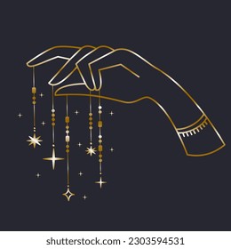 Linear gold Vector Illustration. Magical hand drawings. The concept of magic and healing with hands. Cosmos in hand, cosmoenergetics. 