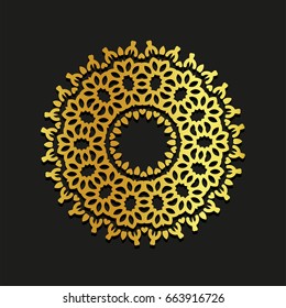 Linear gold vector ornamental mandala illustration. Abstract line art backdrop template logo. Golden beauty decorative design element on black background