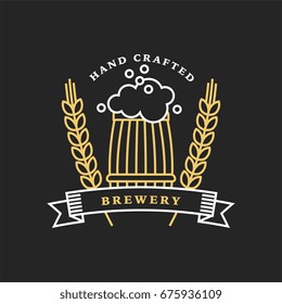 Linear golden brewery logo. Label with barrel and hops. Vintage craft beer retro design element, emblem, symbol, and icon or pub label, badges collection. Beer business sign template