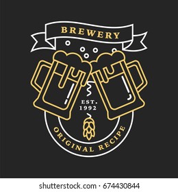 Linear golden brewery logos. Labels with glass of beer and hops. Vintage craft beer retro design elements, emblems, symbols, and icons or pub labels, badges collection.