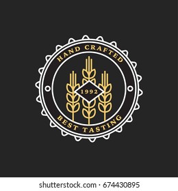Linear golden brewery logos. Labels with spikelets of wheat. Vintage craft beer retro design elements, emblems, symbols, and icons or pub labels, badges collection. 