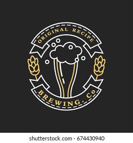 Linear golden brewery logos. Labels with glass of beer and hops. Vintage craft beer retro design elements, emblems, symbols, and icons or pub labels, badges collection. 