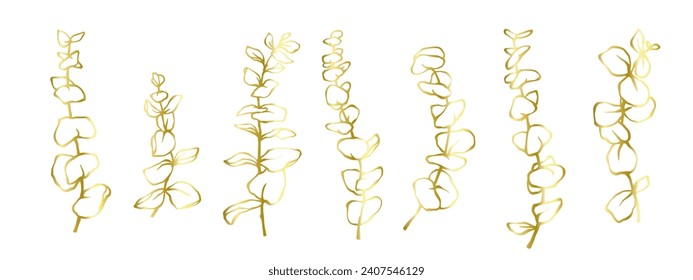 Linear golden contours of eucalyptus branches and leaves.Vector graphics.