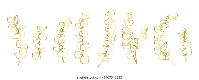 Linear golden contours of eucalyptus branches and leaves.Vector graphics.