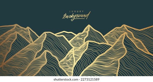 Linear golden mountains. Abstract luxury landscape. Minimalist wall art. Line art background design. Linear Hills with striped pattern. Vector illustration. Cover, invitation, banner, card design