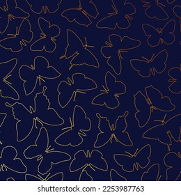 linear golden pattern of butterflies on a dark blue background for printing and design. Vector illustration.