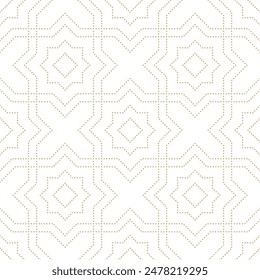 Linear golden stars on white seamless pattern. Golden dotted lines geometric arabesque background. Light celestial mosaic texture pattern. Magical white and gold linear arabic celestial background.