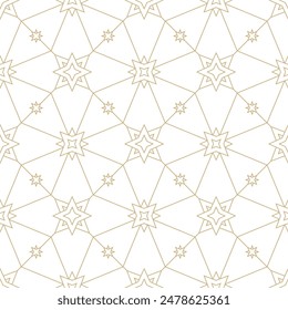 Linear golden stars seamless pattern. Golden lines and stars diamond pattern diagonal tiles. Light medieval celestial mosaic texture pattern. Magical white and gold linear celestial background.