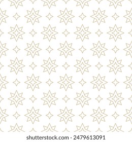 Lineare goldene Sterne nahtloses Muster. Einfache goldene lineare Sterne binden Druckmuster. Helles Himmelsmosaik-Texturmuster. Magische weiße und goldene lineare Hochzeit himmlischen Hintergrund.