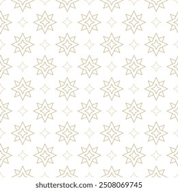 Lineare goldene Sterne nahtloses Muster. Einfaches lineares Gold und gepunktete Sterne-Bindemuster. Helles himmlisches Mosaik-Texturmuster. Magisches Weiß und Gold linear Hochzeit Himmelhintergrund.