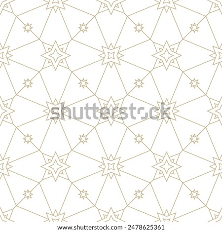 Linear golden stars seamless pattern. Golden lines and stars diamond pattern diagonal tiles. Light medieval celestial mosaic texture pattern. Magical white and gold linear celestial background.