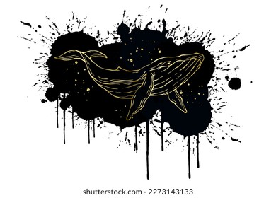 Linear golden whale on a background of abstract spots, a blot of night, a starry sky.Vector graphics.