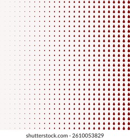 Linear gradient blood droplets halftone pattern. An arrangement of drip symbols. Isolated on a pale background.