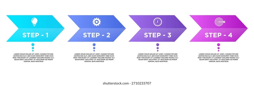 Diseño de Vector de infografía de flecha de chevron de gradiente lineal para presentación de procesos comerciales, línea de tiempo o pasos educativos, con iconos de bombilla, engranaje, reloj y destino con texto a continuación.