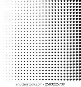 Linear gradient halftone, love hearts pattern. An arrangement of heart-shaped symbols that change in size.