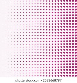 Linear gradient halftone pink love hearts. An arrangement of heart-shaped symbols that change in size.