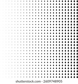 Linear gradient oil droplets halftone pattern. An arrangement of drip symbols. Isolated on a white background.