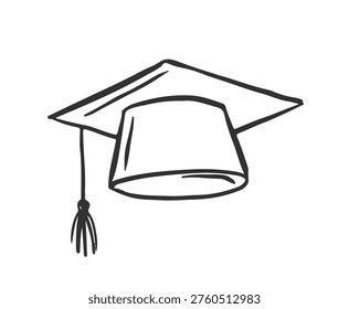 Linear graduation cap with tassel. Graduation party hand drawn elements series. Vintage vector illustration.