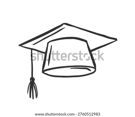 Linear graduation cap with tassel. Graduation party hand drawn elements series. Vintage vector illustration.