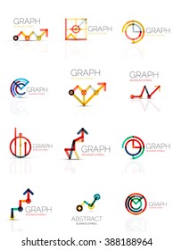 Linear graph and chart abstract logo set, connected multicolored line segments. Vector minimal wire business icons isolated on white. Flat design