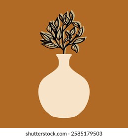 A linear graphic branch with leaves in a simple vase. Botanical illustration in retro style. Vector decor element isolated on a background.