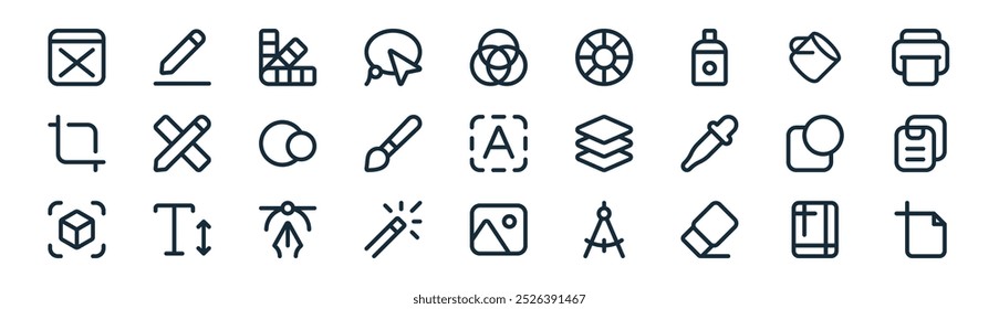 ícone de design gráfico linear pack. vetor margem de linha fina, editar texto, palete, balde de pintura, pincel, colar, imagem, ícones de prancheta adequados para aplicativos e sites projetos de iu