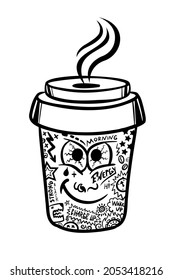linear graphic drawing in the style of street art. cartoon cup of coffee. graffiti. coffee to take away. street drink. vector illustration.