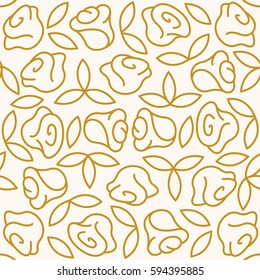 Linear graphic floral seamless pattern and background with golden  rose flowers and leaves. Endless ornamental  texture.