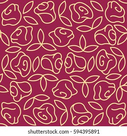 Linear graphic floral seamless pattern with golden rose flowers and leaves on red background. Endless ornamental  texture.