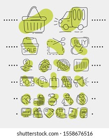 Linear graphic icons of e-commerce. Stylized freehand drawings, careless, simple, unusual drawings
