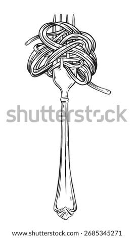 Linear graphic illustration of fork with just spaghetti around isolated on white background. Vintage vector ink engraving illustration Italian food, pasta sketch. Hand drawn in a graphic style linear.