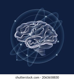 Linear graphics of a brain in space with glowing stars in orbits. Simple abstract vector illustration with white lines on a dark blue background. Concept of mental health, creativity, thoughts, etc.