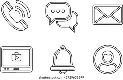 Linear graphics depicting various contact methods and social interaction tools for digital platforms. Symbols represent voice calls text messaging electronic mail multimedia content alerts and personal accounts ideal for mobile application menus and website headers.