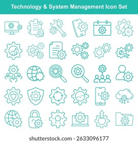 Linear graphics on a white background display icons in cyan that represent systems management and a variety of settings icons related to technology, tools, and settings.