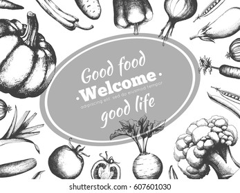 Linear graphics. Organic products. Template for the poster and restaurant menu. A sketch of vegetables in the form of silhouettes. The concept of fresh vegetables and healthy eating