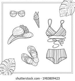 
Linear graphics. A set of beach things on a background of leaves. Coloring.
