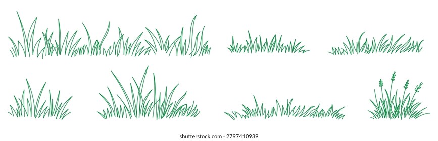 Linear grass doodle. Hand drawn lawn tufts, sketch greenery lines and natural fresh meadow decorative borders. Garden grass patches isolated vector set.