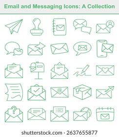 Linear green design featuring assorted email and messaging icons, including paper airplane, speech bubbles, stamp, calendar, and envelope.