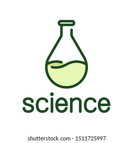 Linear green logo on a scientific theme. Vector illstration with round-bottom flask in flat style isolated on white background.