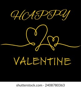 Linear greetings for Valentine's Day with gold ink and black background.