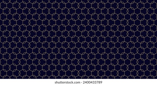 Linear grid vector seamless pattern. Subtle thin golden lines texture, delicate minimalist lattice, mesh, net, diamonds, hexagons. Abstract black and gold luxury background. Minimal dark geo design