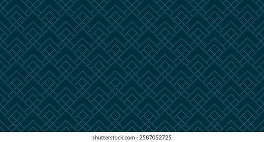 Linear grid vector seamless pattern. Subtle thin lines texture, delicate minimalist lattice, mesh, net, triangles, diamonds. Abstract luxury background. Dark teal blue color. Trending geo design