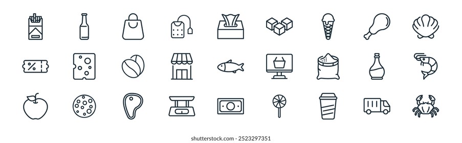 linear grocery icon pack. vector thin line delivery, beer, shopping bag, chicken leg, store, shrimp, money, crab icons suitable for apps and websites ui designs