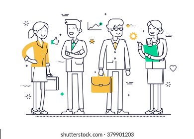 Linear group of office workers standing smiling. Flat line vector concept design on business people line-up, teamwork, human resources, career opportunities, team skills, management. 