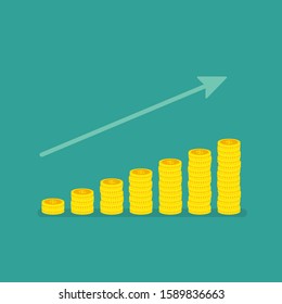 Linear growth graph with increasing stacks of dollar coins and arrow. Top down view flat vector illustration. Concept of investment, financial growth and business success 