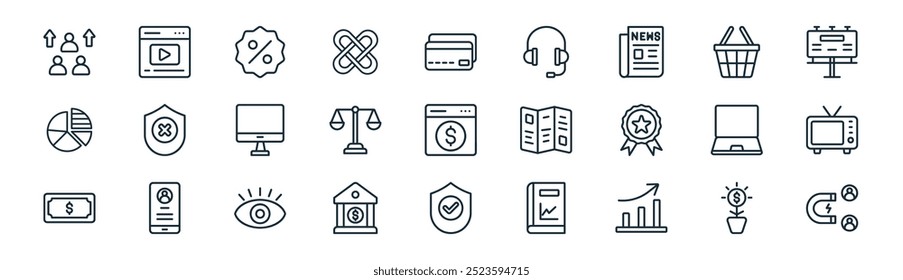 linear growth icon pack. vector thin line invesment, video marketing, discount, basket, balance, tv, protection, magnet icons suitable for apps and websites ui designs